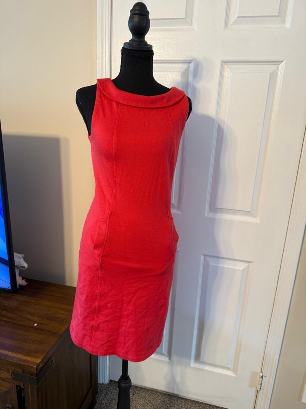 Boden Sleeveless Coral Midi Dress with Folded Boat Neck